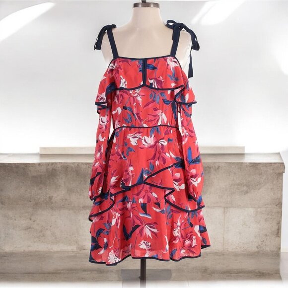 TANYA TAYLOR Red Floral Cold Shoulder Long Sleeve Dress Size 4 - Picture 1 of 3